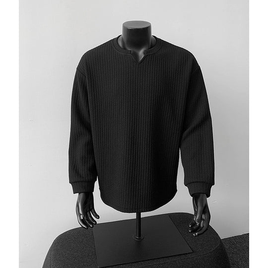 Herren nan grobstrukturierter Strickpullover mit V-förmigem Schlitzkragen und gerundetem Saum EB