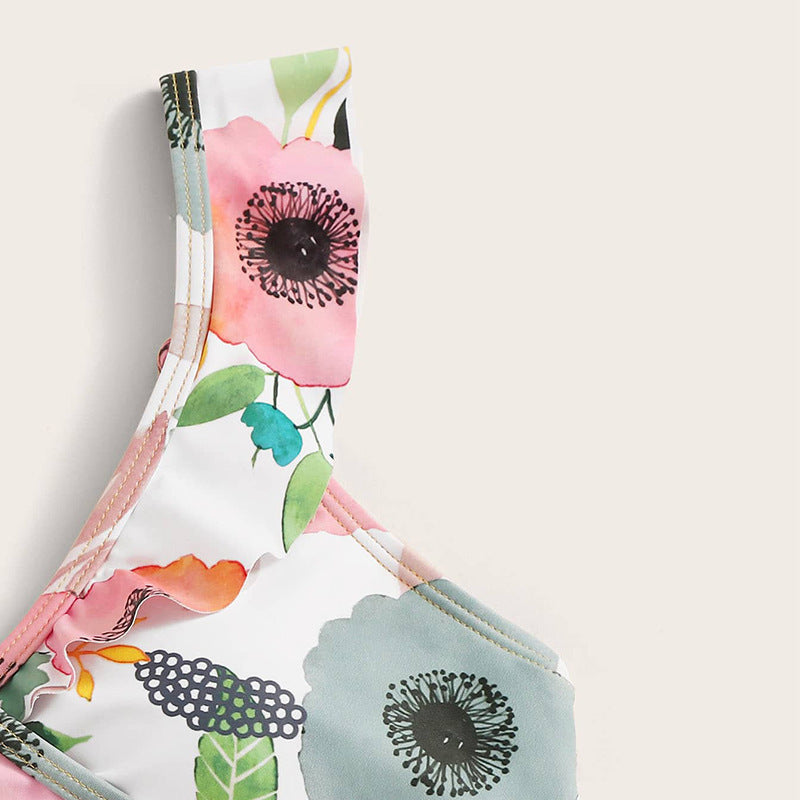 Damen Zweiteiliges Blumen-Bikini-Set mit tailliertem Oberteil und Rüschenslip EB