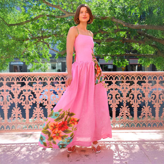 Damen Maxikleid mit floralem Drapierungsdesign und ankle bared Trägern EB
