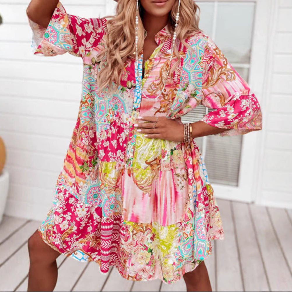 Damen lässiges Maxikleid mit buntem Patchwork-Design und komfortablem Schnitt Heidi-Mode