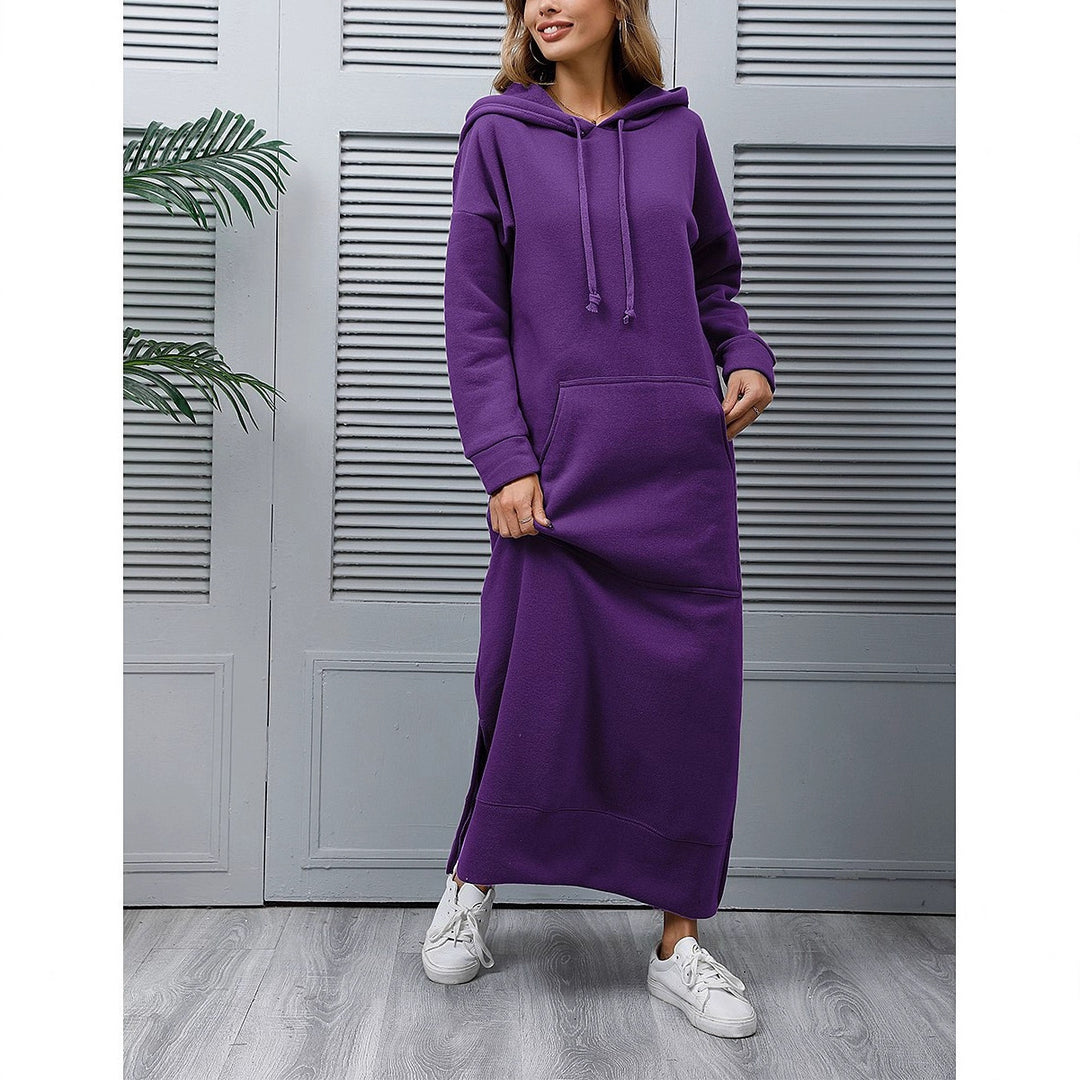 Damen nan langes Kapuzen-Sweatkleid mit Kängurutasche, Seitenschlitzen und lockerer Oversize-Passform EB