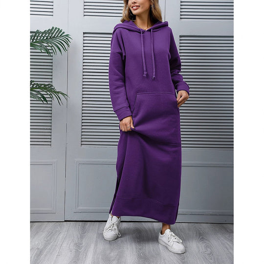Damen nan langes Kapuzen-Sweatkleid mit Kängurutasche, Seitenschlitzen und lockerer Oversize-Passform EB