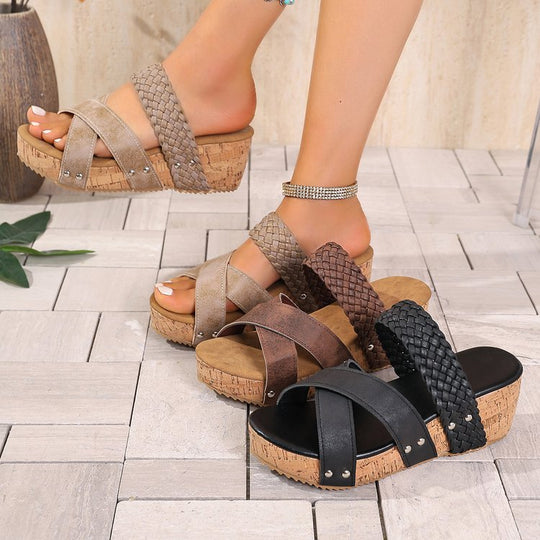 Damen Wedge-Sandalen mit geflochtenem Riemendesign und eleganter Korksohle EB