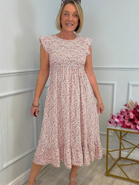 Damen luftiges Maxikleid mit Rüschen und floralem Design EB