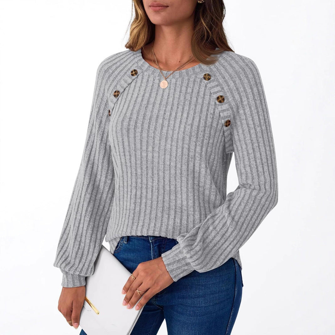 Damen Pullover mit dekorativen Knöpfen und strukturiertem Rippdesign EB