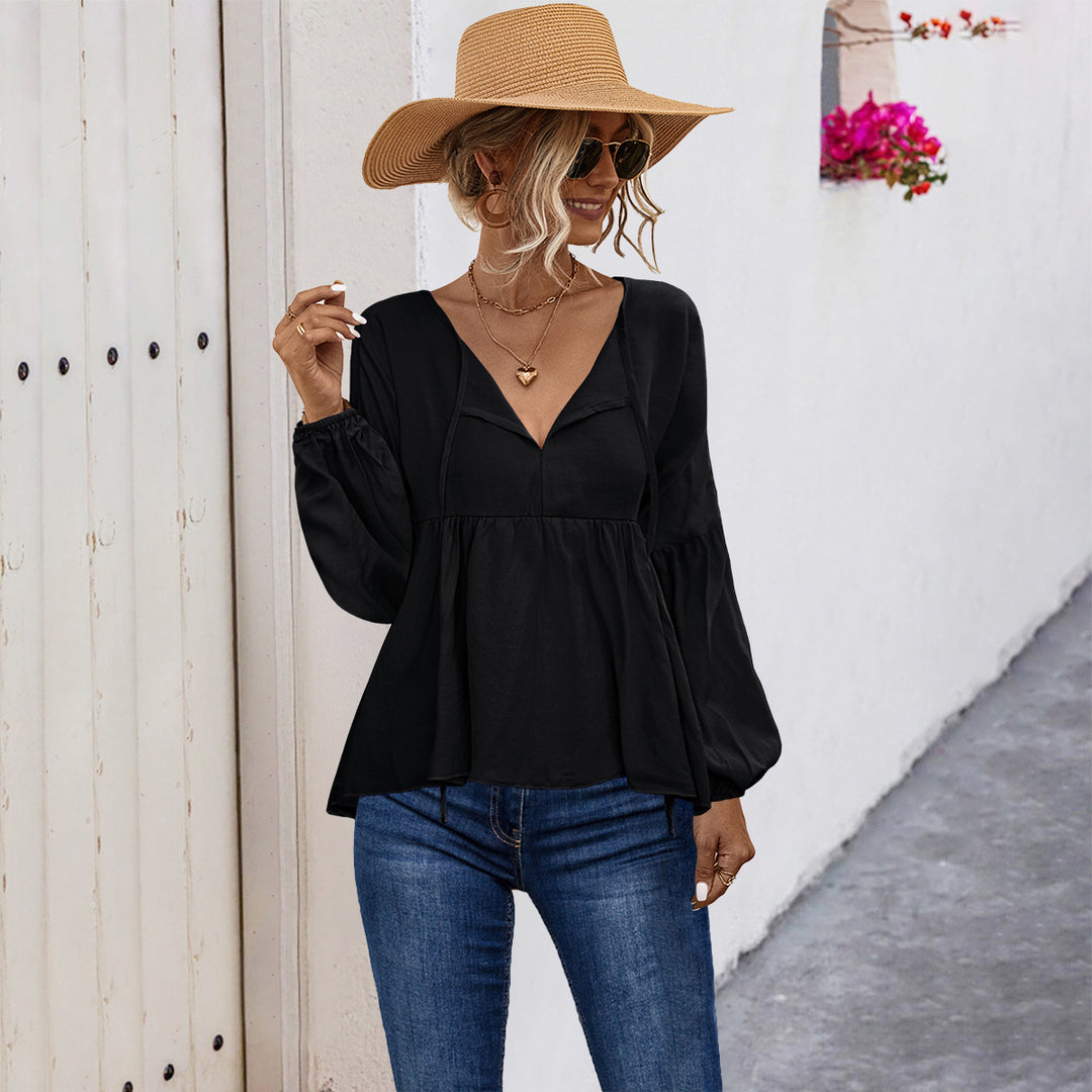 Damen lässige Bluse mit V-Ausschnitt und langen Puffärmeln EB