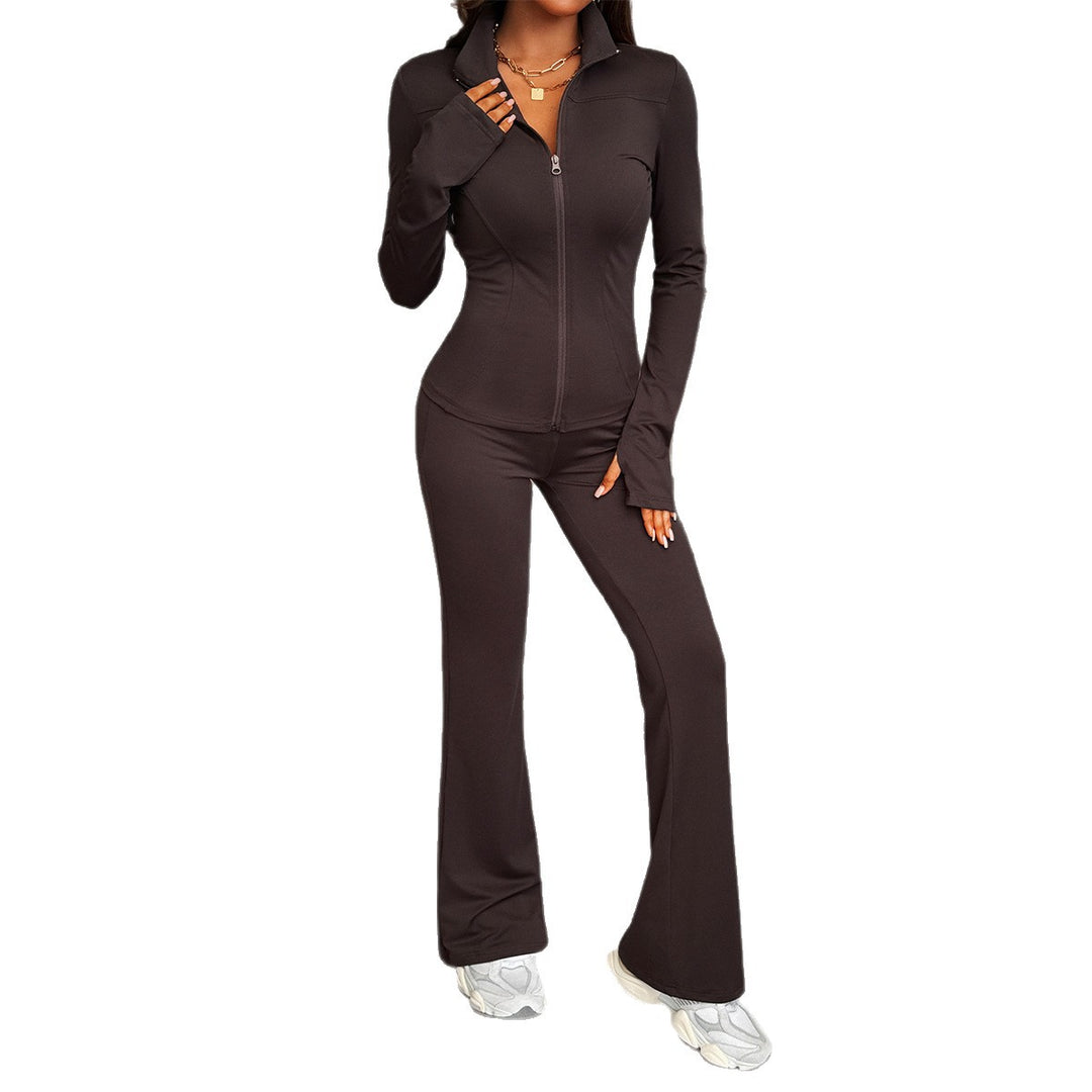 Damen nan figurbetontes Stretch-Joggingset mit taillierter Reißverschluss-Jacke und ausgestellter Schlaghose EB