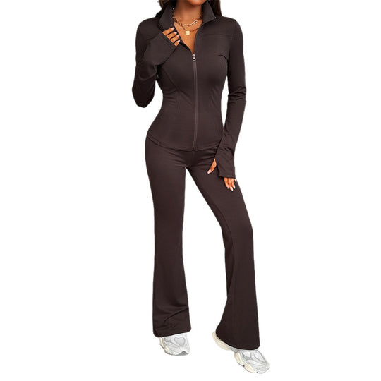 Damen nan figurbetontes Stretch-Joggingset mit taillierter Reißverschluss-Jacke und ausgestellter Schlaghose EB