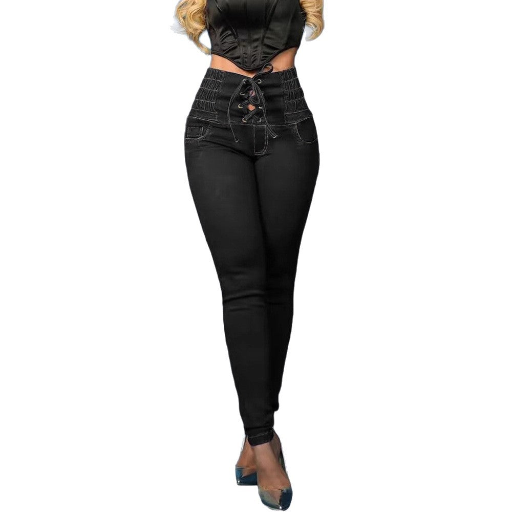 Damen Skinny Jeans mit modischem Schnürdetail und hohem Taillenbund EB