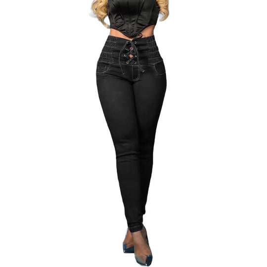 Damen Skinny Jeans mit modischem Schnürdetail und hohem Taillenbund EB