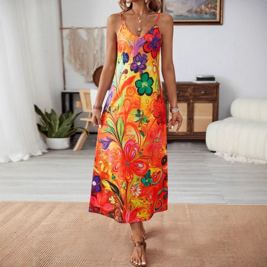 Damen Maxikleid mit buntem Blumenmuster und Spaghettiträgern EB