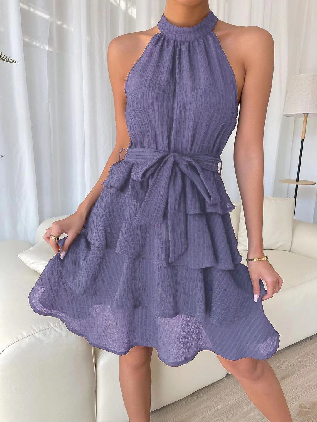 Damen Hochgeschlossenes Volantkleid mit Taillengürtel EB