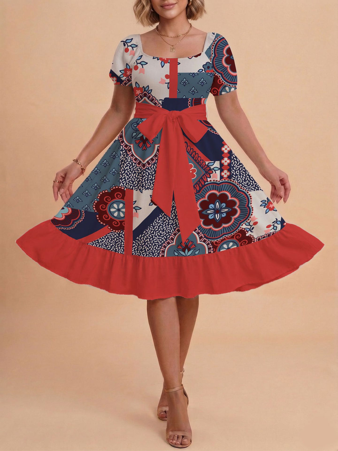 Damen Retro Maxikleid mit Puffärmeln und Taillengürtel EB