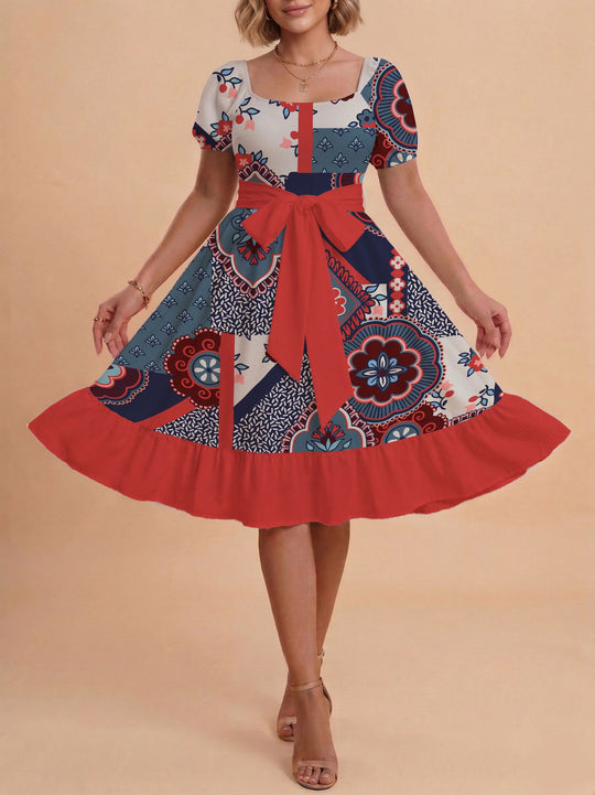 Damen Retro Maxikleid mit Puffärmeln und Taillengürtel EB