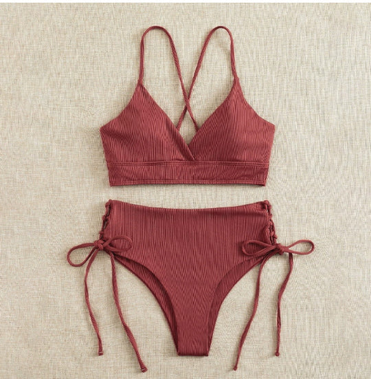 Damen Hochtaillierter Bikini mit verstellbaren Schnürdetails EB