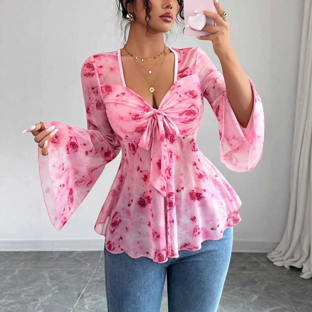 Damen Chiffonbluse mit Bindeknoten, V‑Ausschnitt und ausgestellten Glockenärmeln EB