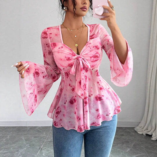 Damen Chiffonbluse mit Bindeknoten, V‑Ausschnitt und ausgestellten Glockenärmeln EB