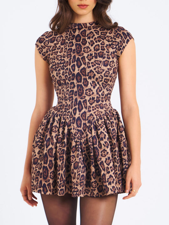 Damen verspieltes und figurbetontes Mini-Kleid mit Leopardenmuster EB