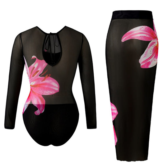 Damen Eleganter Badeanzug mit langem Arm und transparente Wickelrock EB