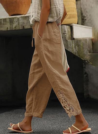 Damen luftige Leinenhose mit dekorativen Stickereien EB