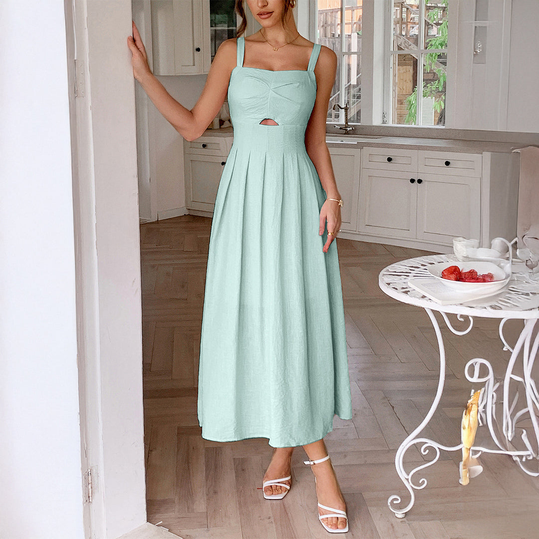 Damen Knielanges Leinenkleid mit ausgestelltem Rock und V-Ausschnitt EB