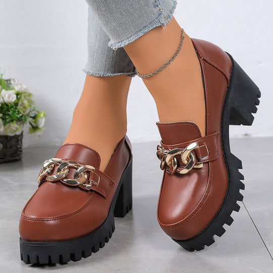 Damen modische Mokassins mit trendigem Absatz und Kettendetail EB
