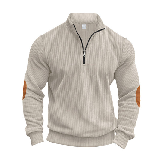 Herren nan strukturierter Baumwoll-Strickpullover mit halbem Reißverschluss und Ellenbogenbesatz EB