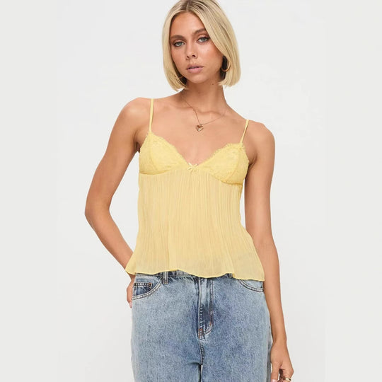 Damen Transparente Plissee-Bluse mit Spitzenapplikationen EB