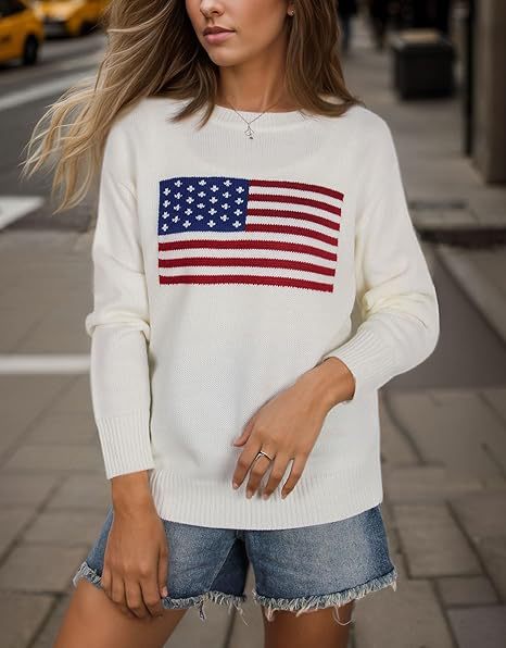 Damen Strickpullover mit Flaggenmotiv und lässigem Schnitt EB