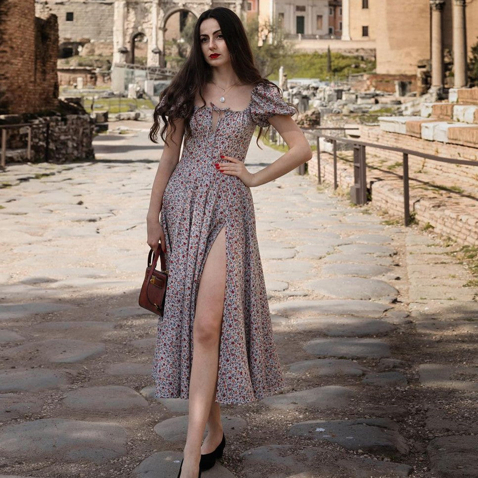 Damen romantisches Maxi-Kleid mit elastischen Puffärmeln und zartem Blumendruck EB