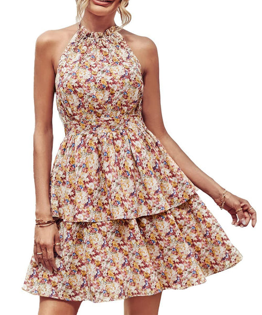 Damen Sommerliches Kleid mit fließendem Rock und floralem Design EB