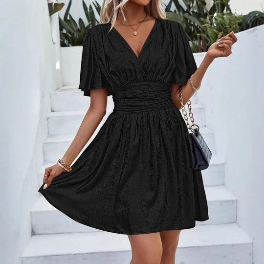 Damen Minikleid mit elegantem V-Ausschnitt und fließenden Ärmeln EB