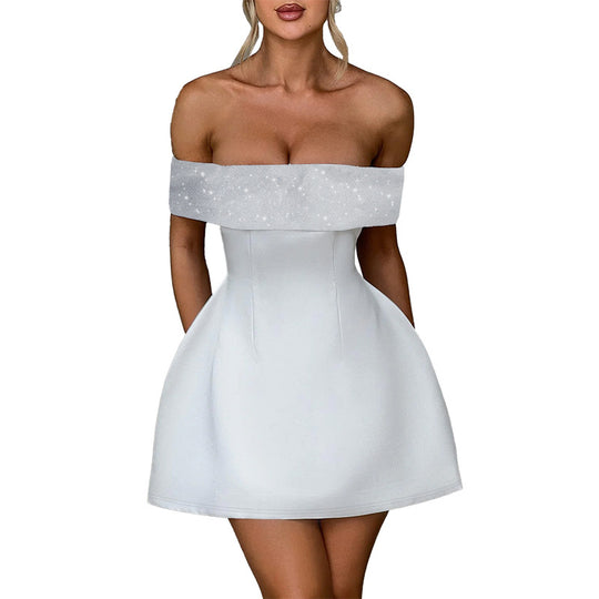 Damen Off-Shoulder Minikleid mit schimmerndem Bustier-Oberteil EB