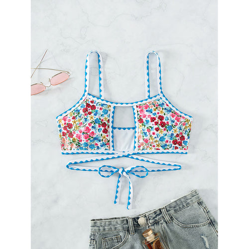 Damen Bikini-Oberteil mit floralem Design und verspielten Bindebändern EB