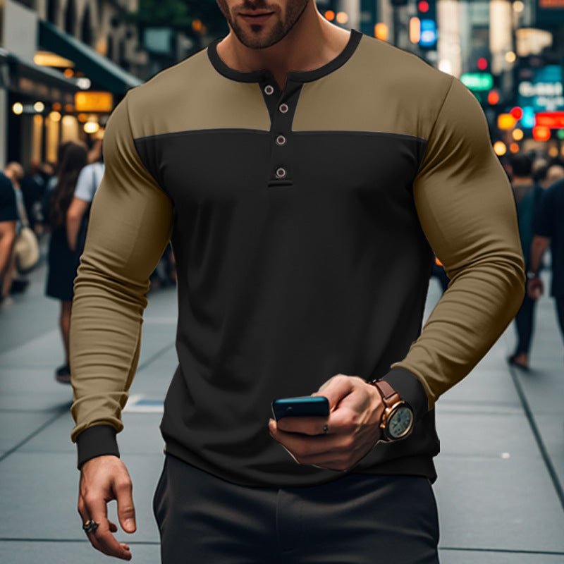 Herren modisches Langarmshirt mit Knopfleiste und strukturiertem Oberteil EB