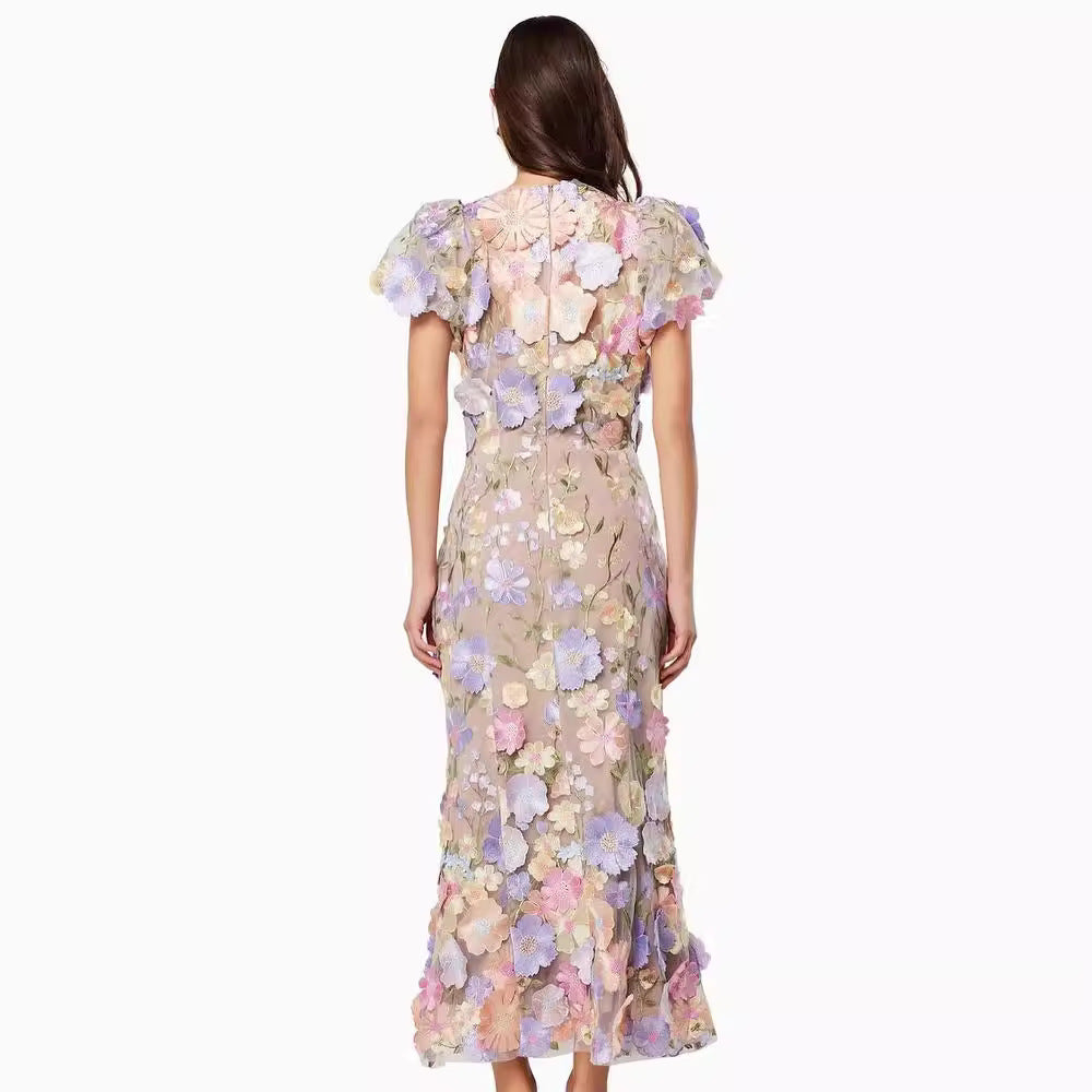 Damen Blumenkleid mit 3D-Blütenapplikationen EB