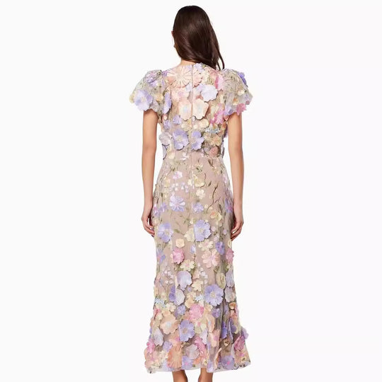 Damen Blumenkleid mit 3D-Blütenapplikationen EB