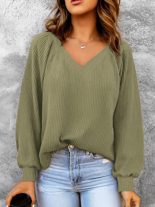 Damen Feinstruktur-Strickpullover mit V-Ausschnitt, Ballonärmeln und Rippbündchen EB