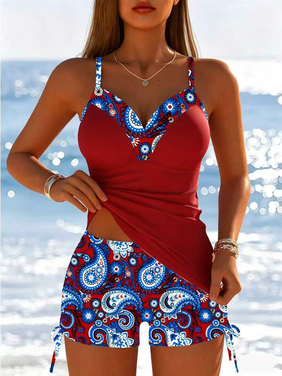 Damen Funktions-Badeanzug mit hohem Schnitt und dekorativen Paisleymustern EB