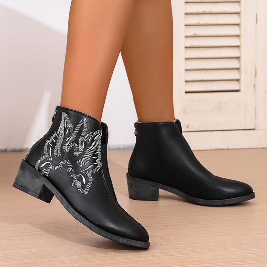 Damen elegante Ankle-Boots mit dekorativen Stickdetails und bequemem Blockabsatz EB
