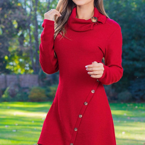 Damen nan figurbetontes A-Linien Strickkleid mit asymmetrischer Zierknopfleiste und hohem Kragen EB