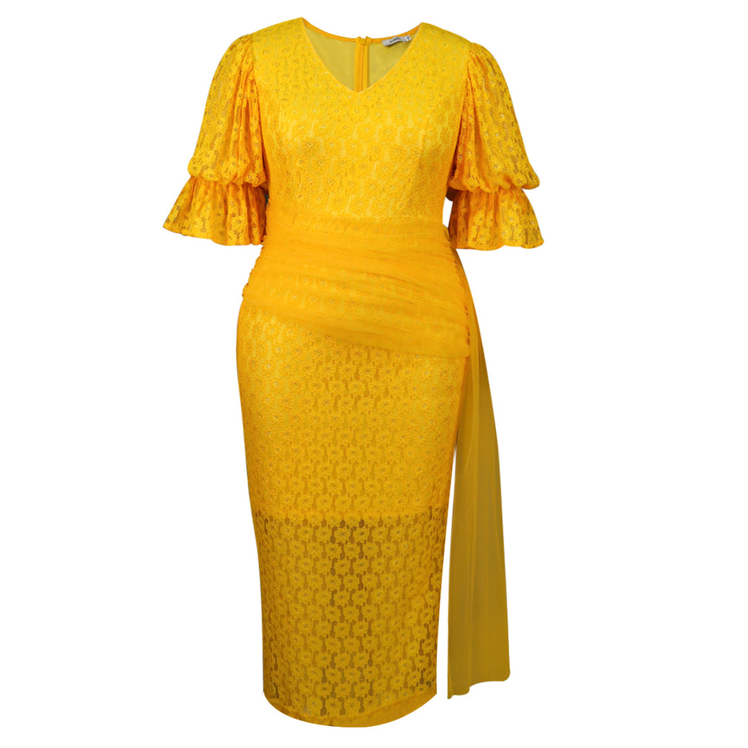 Damen elegantes Spitzenteil Kleid mit voluminösen Rüschensäumen EB