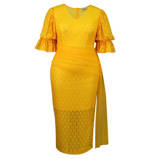 Damen elegantes Spitzenteil Kleid mit voluminösen Rüschensäumen EB