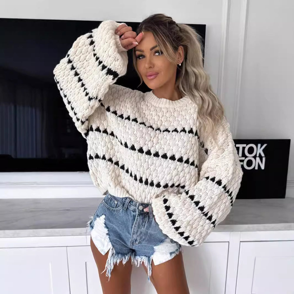 Damen Grobstrickpullover mit voluminösen Ärmeln und modernem Zopfdesign EB