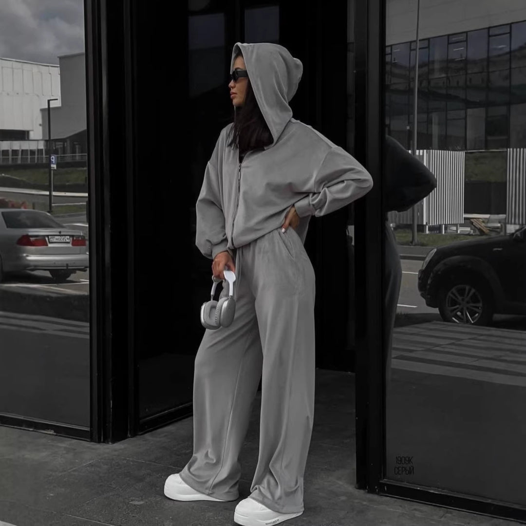Damen luxuriöses Velours-Lounge-Set mit kurzem Reißverschluss-Hoodie und weitem High-Waist-Hose Eichborn Berlin