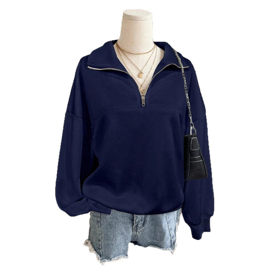 Damen nan Oversize Sweatshirt mit halbem Reißverschluss, Stehkragen und Ballonärmeln EB