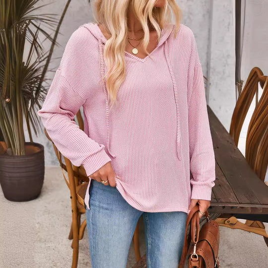 Damen lässiger Sweater mit V-Ausschnitt und Kordelzug EB