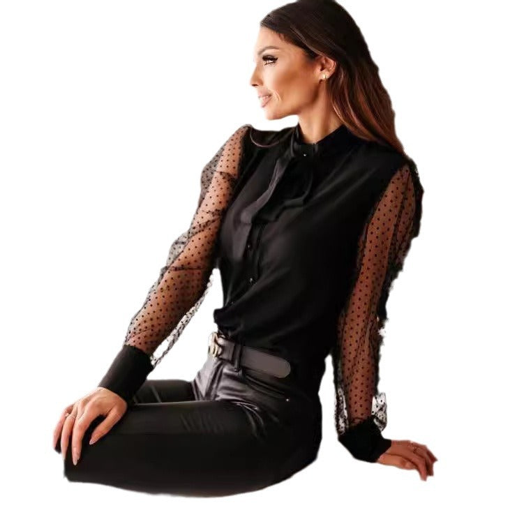 Damen Bluse mit transparenten Puffärmeln und filigranem Schleifen-Detail EB