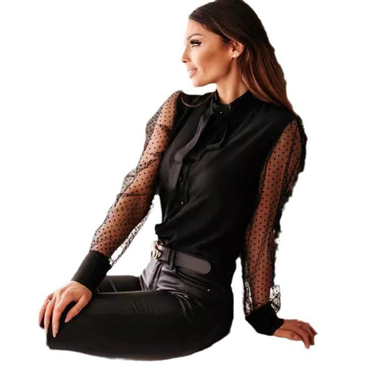 Damen Bluse mit transparenten Puffärmeln und filigranem Schleifen-Detail EB