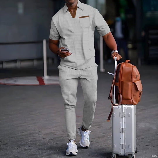 Herren nan lässiges Freizeitset aus elastischem Jersey mit V-Ausschnitt Brusttasche und Kordelbund EB